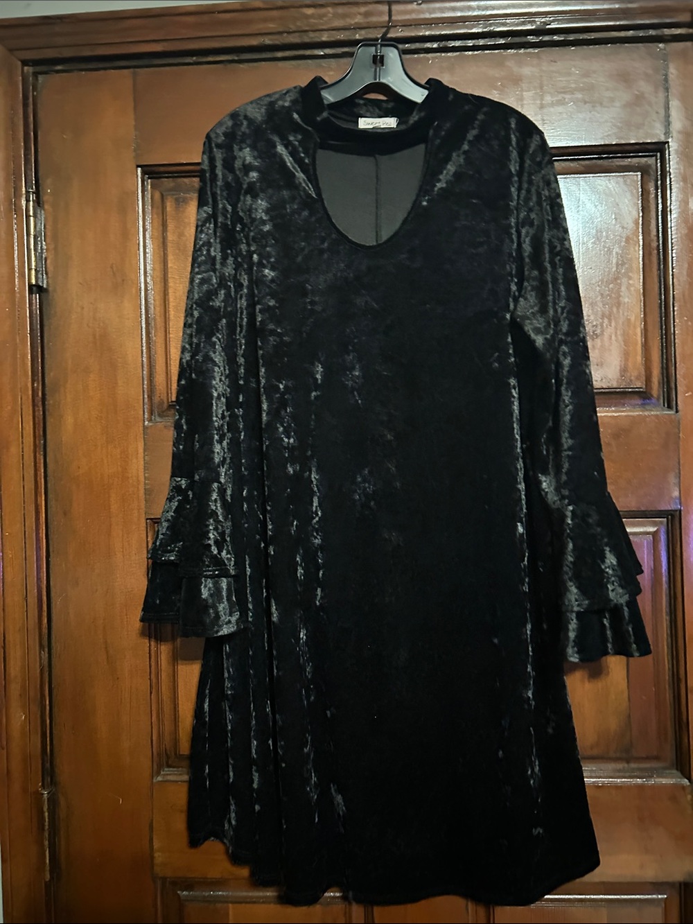 Sweet Pea Black Velvet Long-Sleeve Ruffle-Sleeve Dress